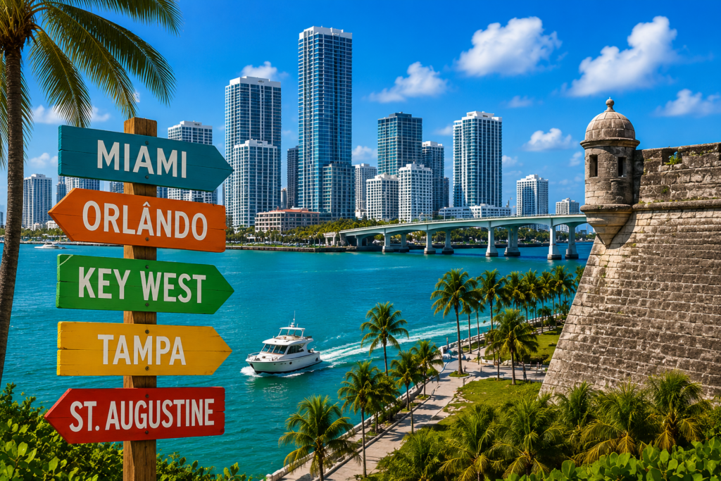 Destinos turísticos na Flórida com Miami, Orlando, Key West, Tampa e St. Augustine