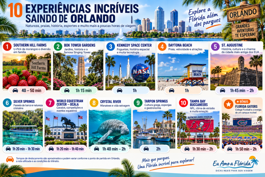 Infográfico com 10 experiências saindo de Orlando e tempos aproximados de carro