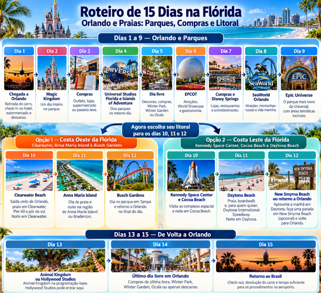 Roteiro de 15 dias na Flórida combinando Orlando, parques e praias