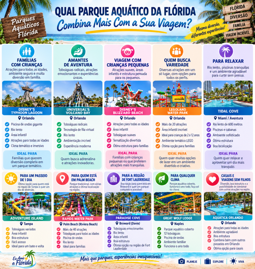 Infográfico comparando parques aquáticos da Flórida por perfil de viajante