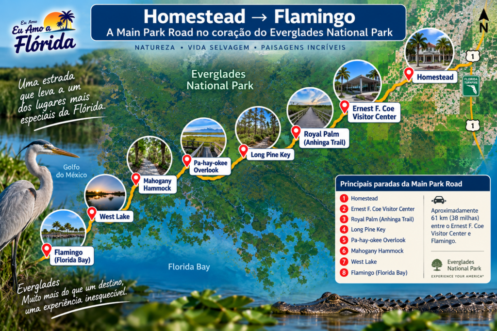 Mapa da Main Park Road de Homestead a Flamingo com as principais paradas do Everglades National Park