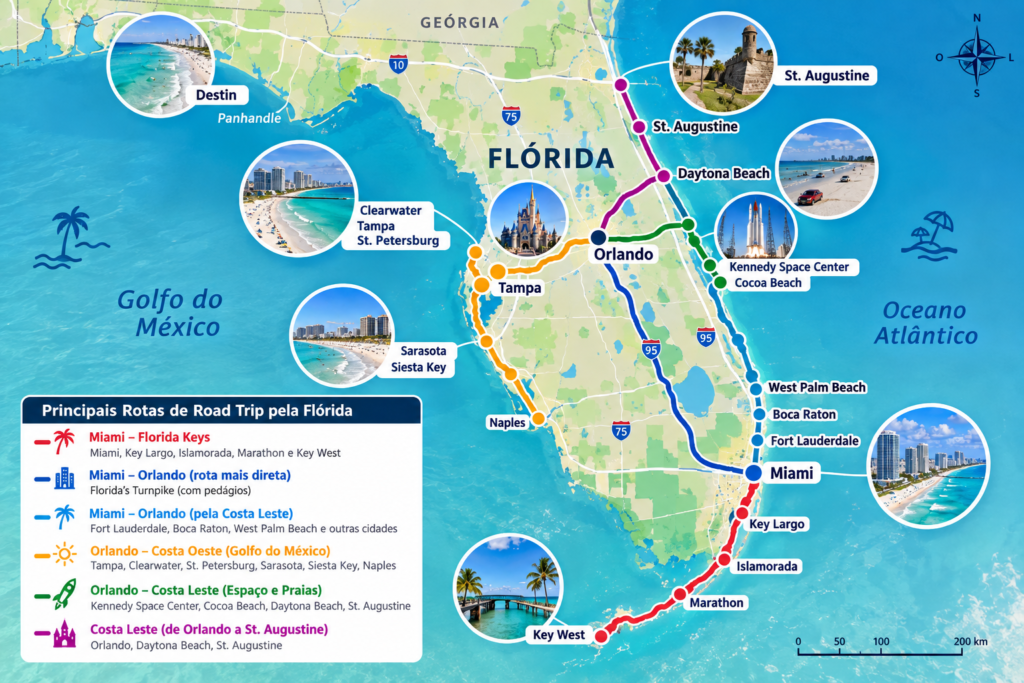 Mapa das principais rotas para uma road trip pela Flórida