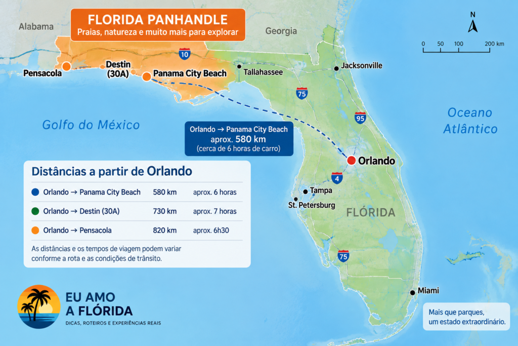 Mapa do Florida Panhandle com localização de Pensacola, Destin, Panama City Beach e distância de Orlando
