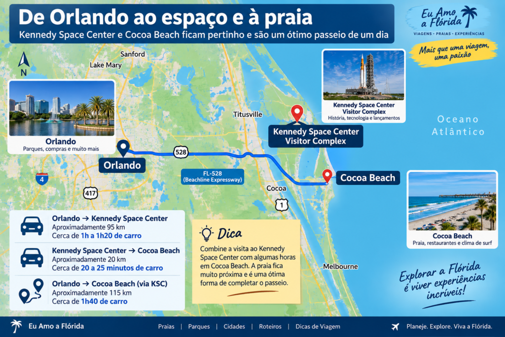 Mapa mostrando o trajeto de Orlando ao Kennedy Space Center e Cocoa Beach na Flórida
