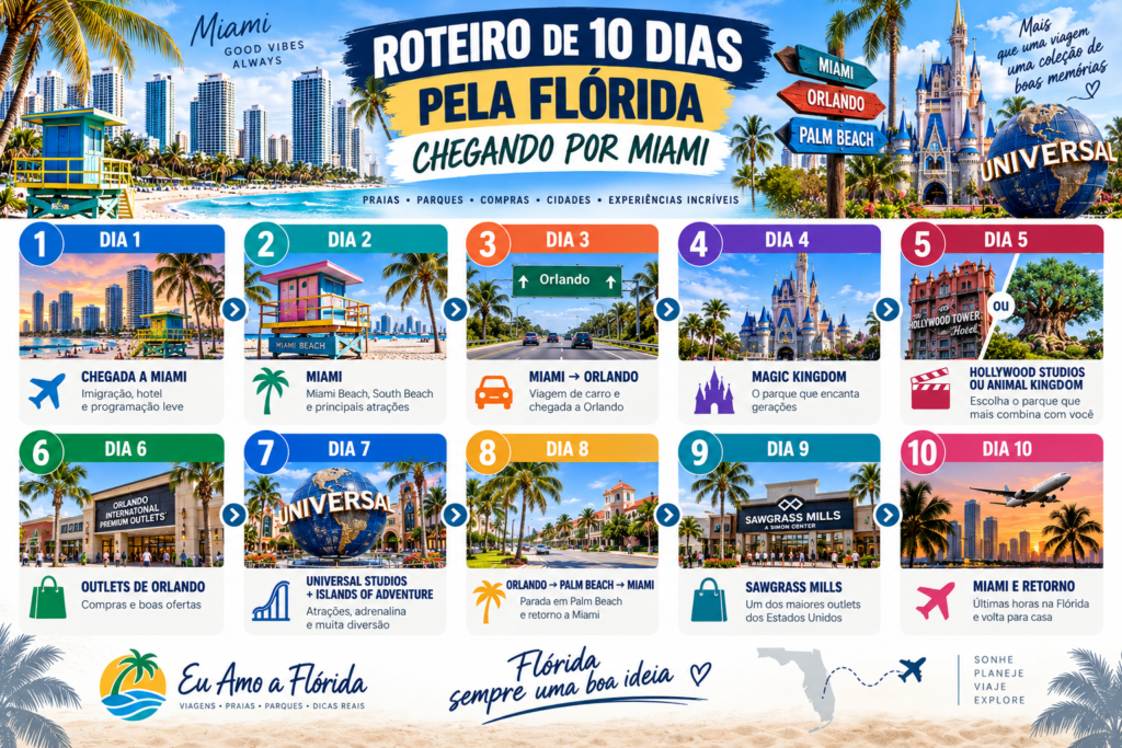Roteiro de 10 dias pela Flórida chegando por Miami com Orlando, parques, Palm Beach e compras