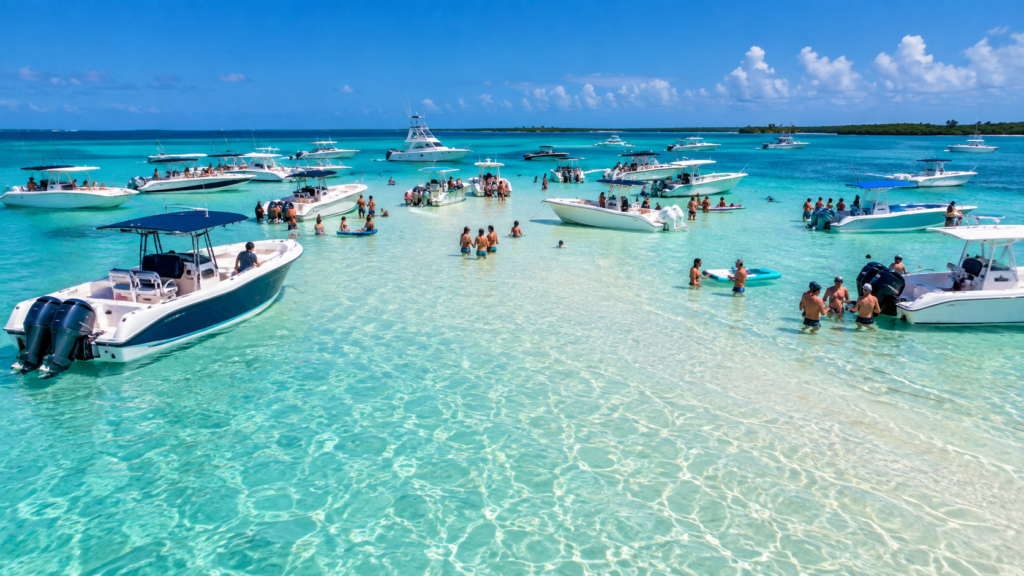 Sandbar nas Florida Keys com barcos ancorados em águas cristalinas