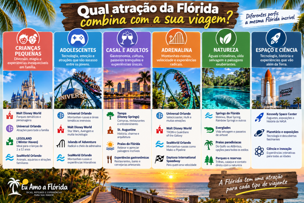 Infográfico com atrações da Flórida indicadas para diferentes perfis de viajantes