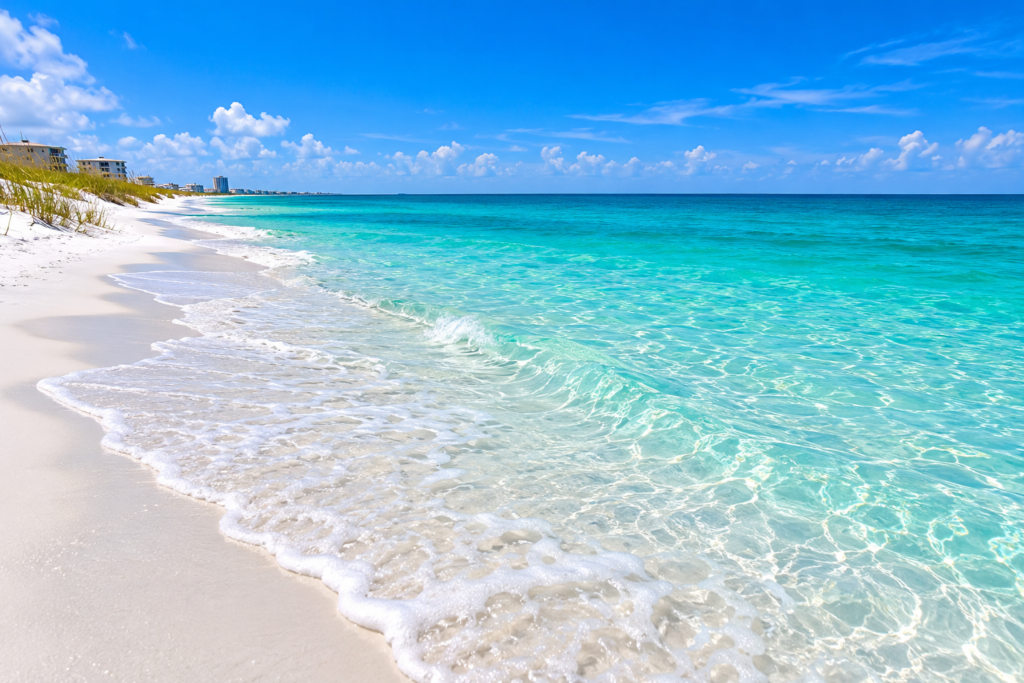 Praia de areia branca e águas cristalinas no Panhandle da Flórida