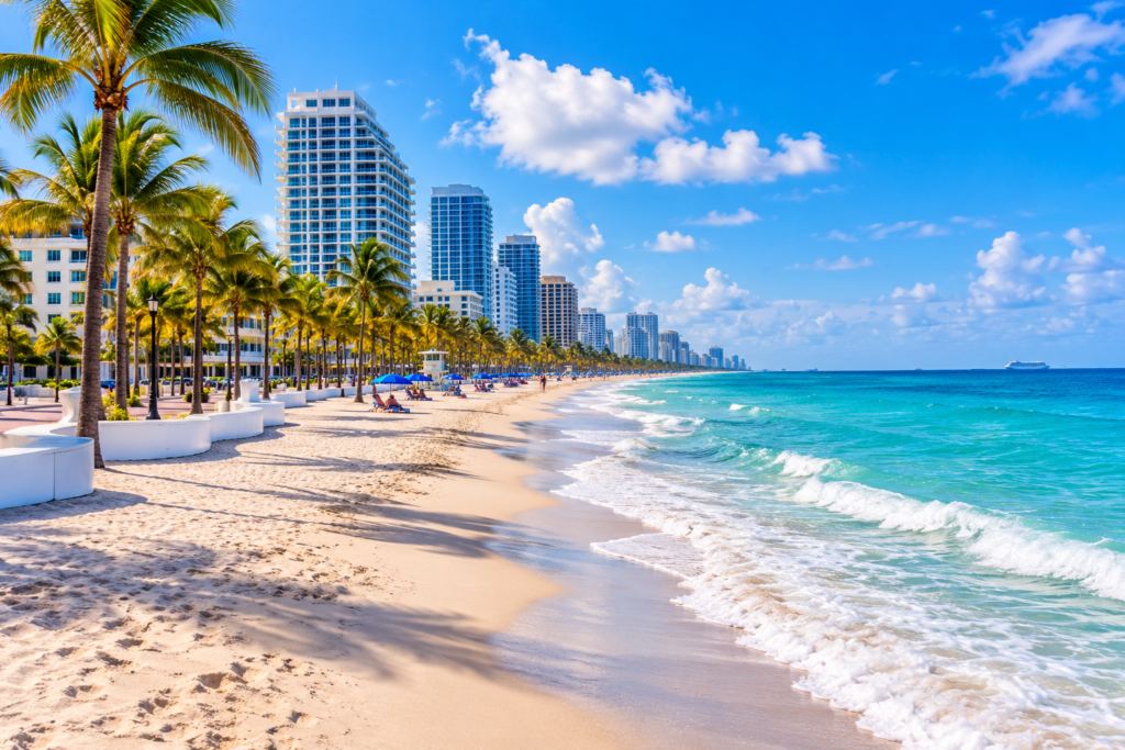 Praia de Fort Lauderdale com areia clara e águas azuis na Flórida