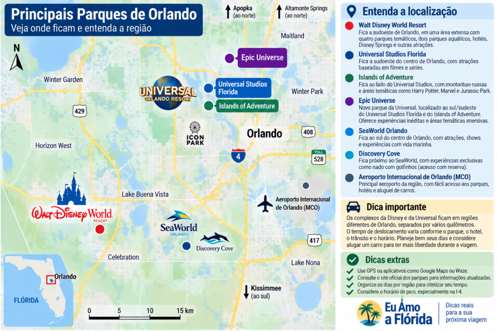 Mapa dos principais parques de Orlando mostrando a localização da Disney, Universal e Epic Universe