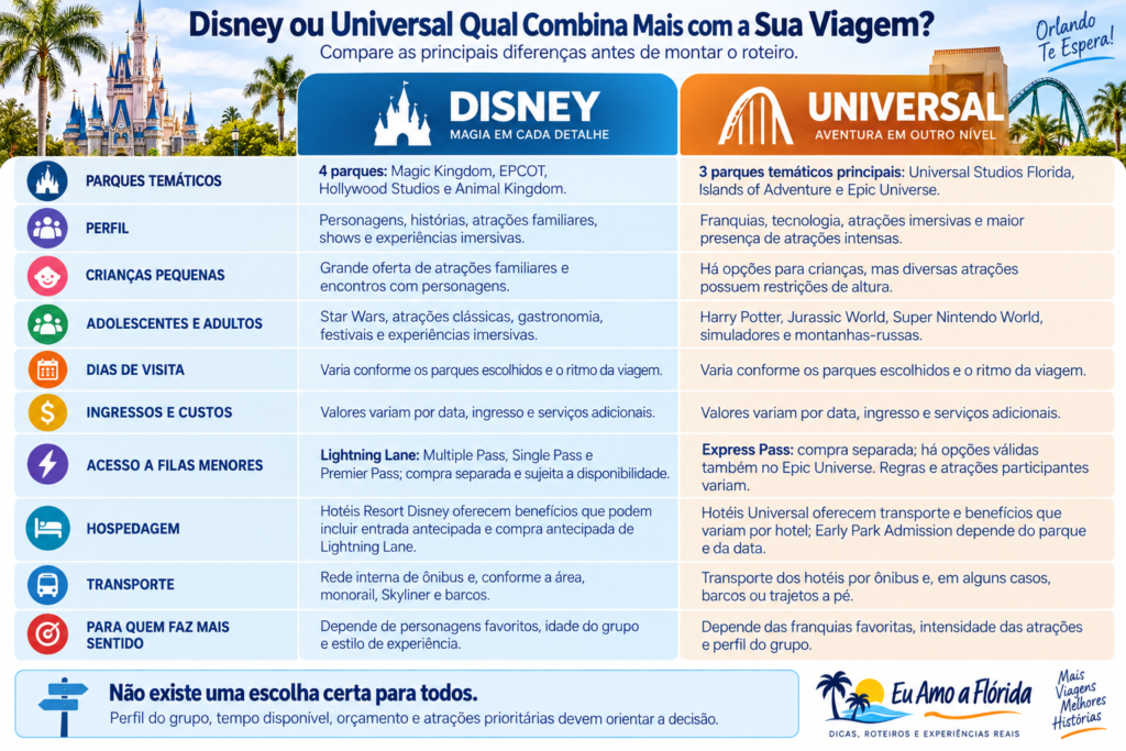 Comparativo entre Disney e Universal em Orlando com diferenças entre parques, atrações, custos e hospedagem