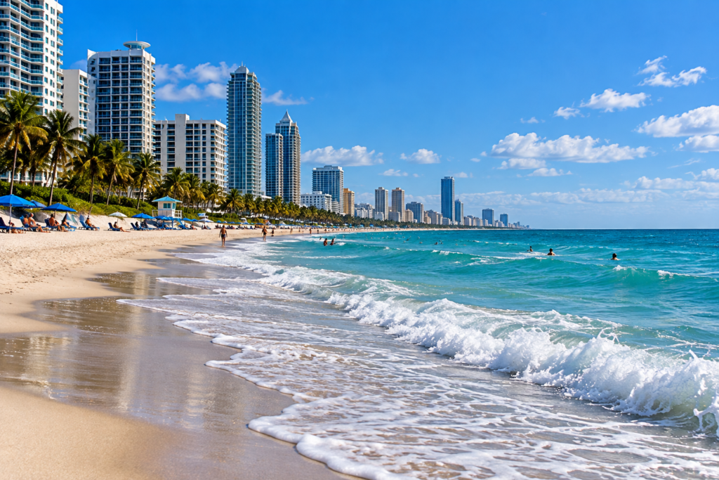 Praia da Costa Leste da Flórida com mar do Atlântico e prédios à beira-mar