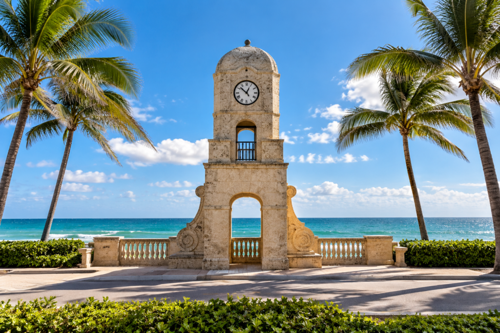 Worth Avenue Clock Tower em Palm Beach com o Oceano Atlântico ao fundo