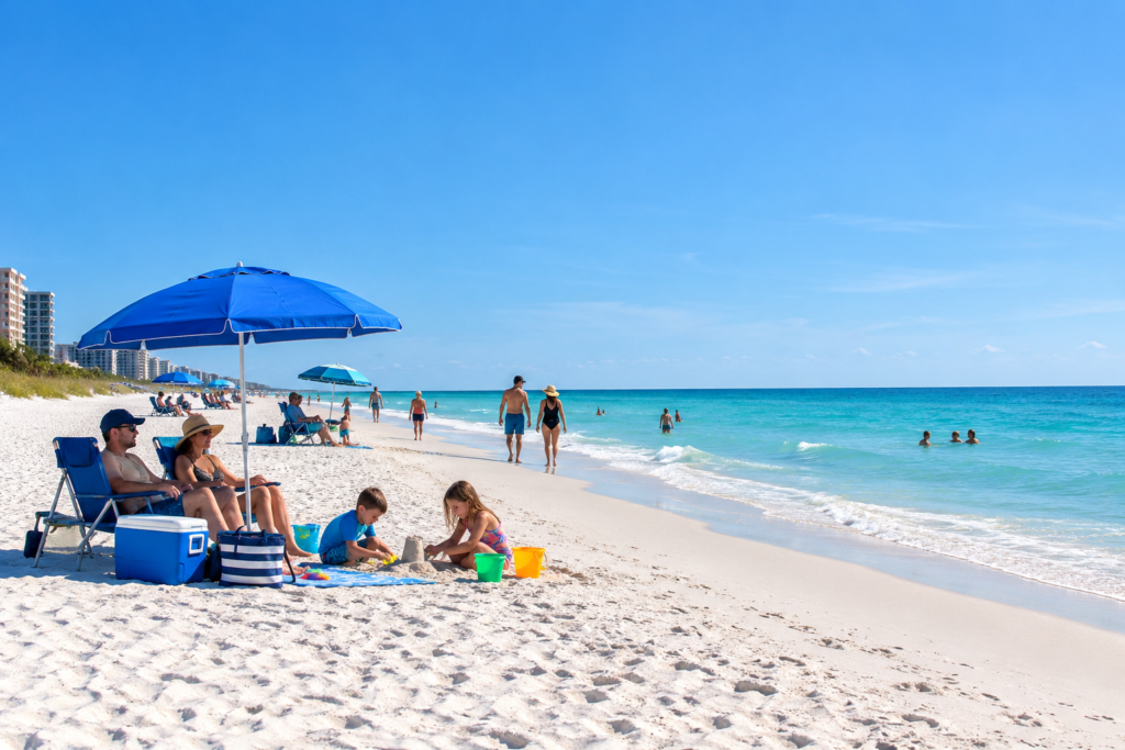 Família em praia da Flórida com cadeiras, guarda-sol e cooler próprios