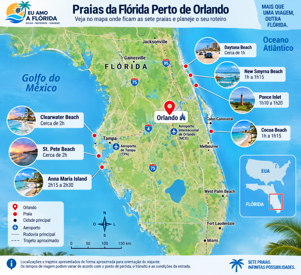 Mapa das praias da Flórida perto de Orlando com Cocoa Beach, Daytona Beach, New Smyrna Beach, Ponce Inlet, Clearwater Beach, St. Pete Beach e Anna Maria Island