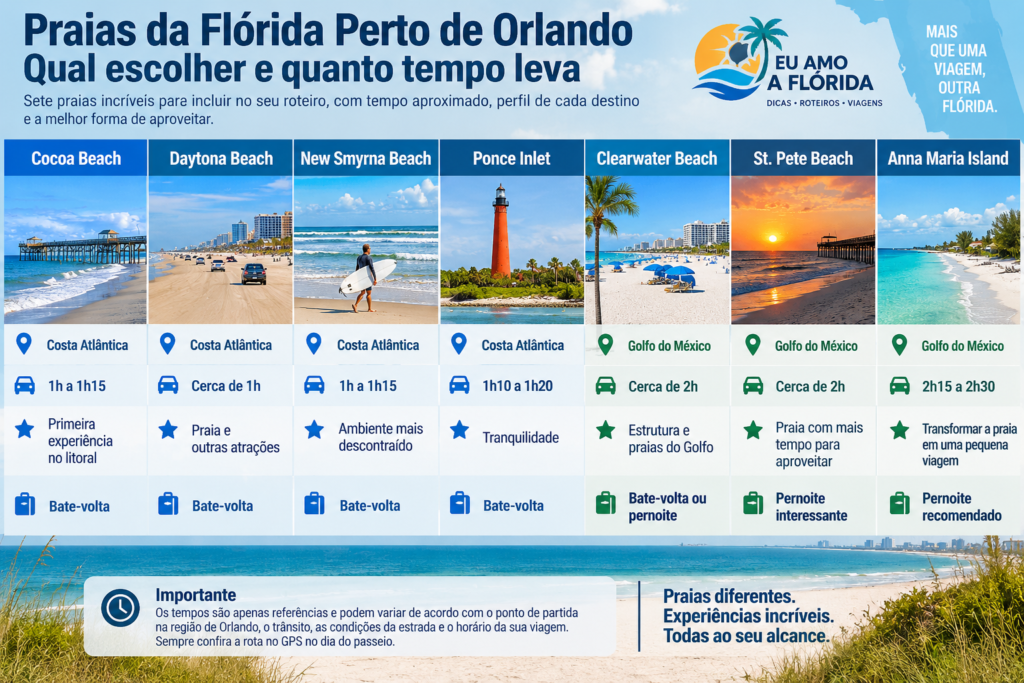 Infográfico comparando praias da Flórida perto de Orlando com tempo de viagem, costa e indicação de bate-volta ou pernoite