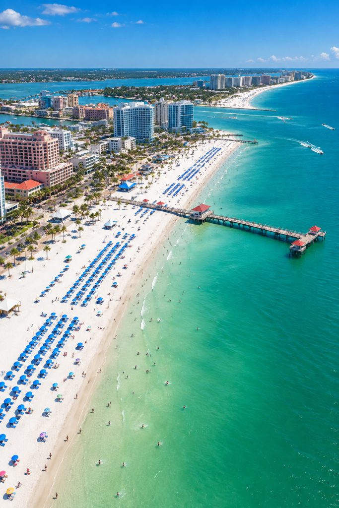 Vista aérea de Clearwater Beach na Costa Oeste da Flórida