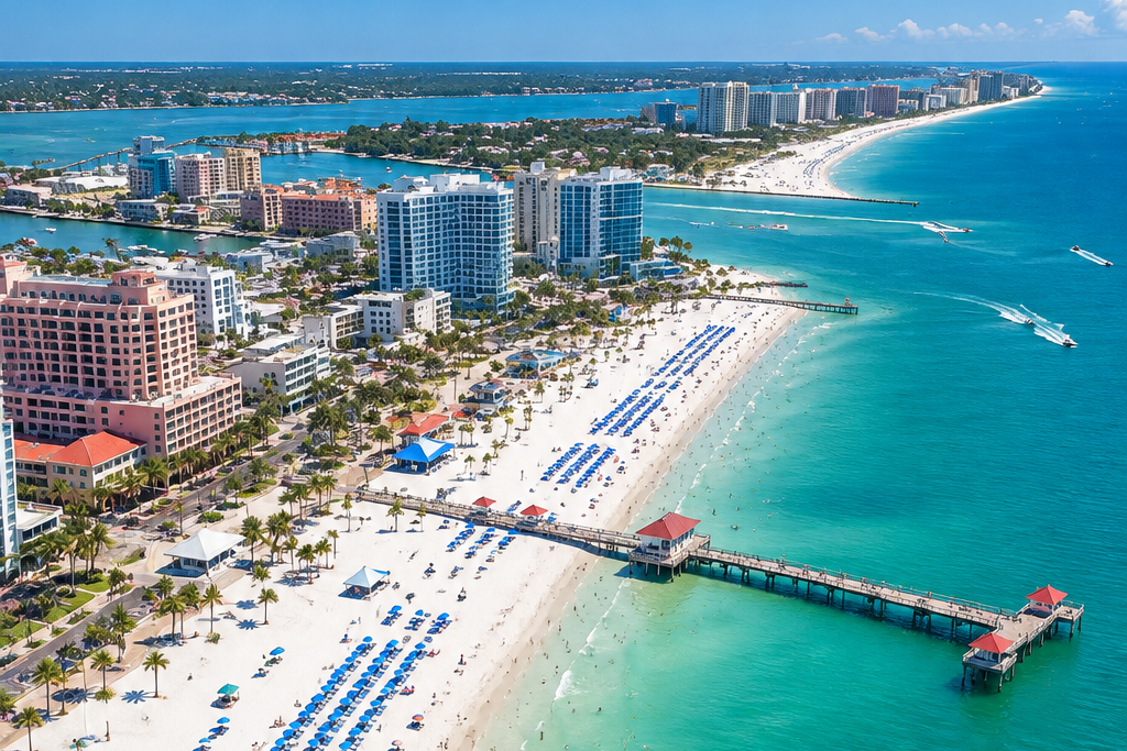 Praia de águas claras e areia branca representando Clearwater Beach na Flórida
