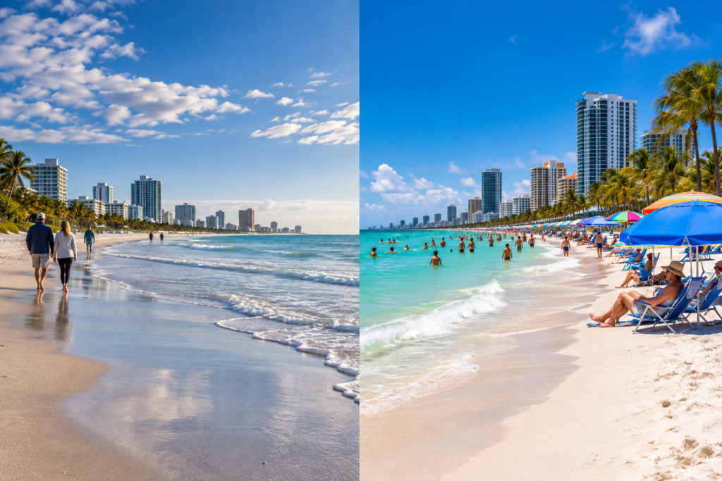 Praias da Flórida em épocas diferentes do ano com menor e maior movimento turístico