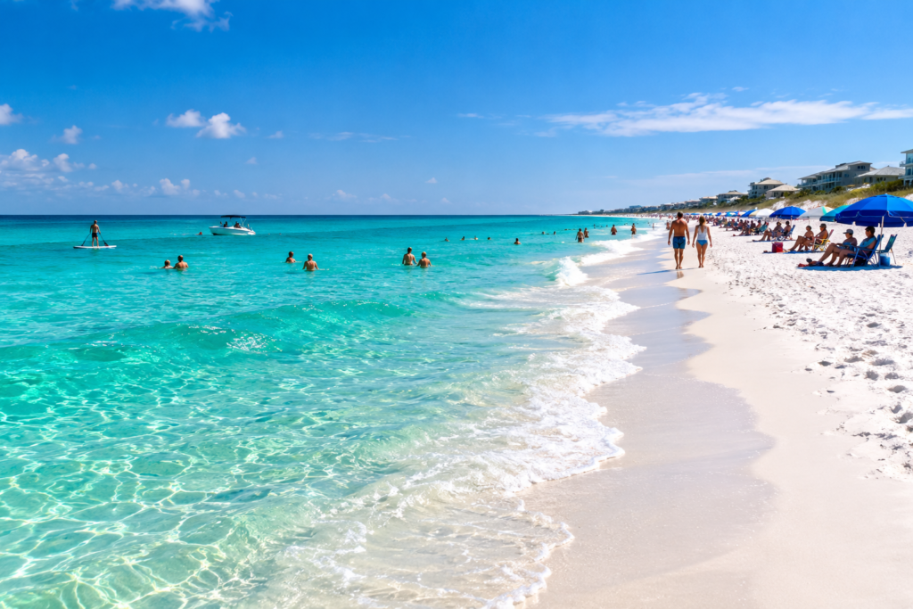 Praia de águas claras e areia branca representando o Panhandle da Flórida nos meses mais quentes