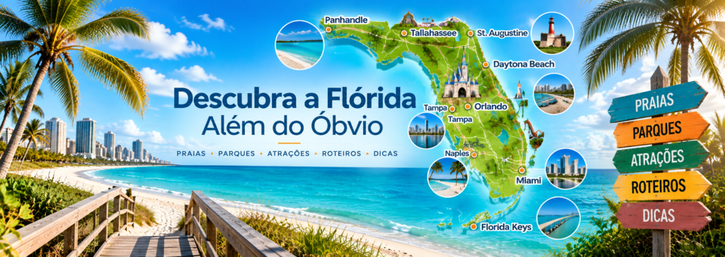 Mapa ilustrado da Flórida com destinos, praias, parques, atrações e roteiros