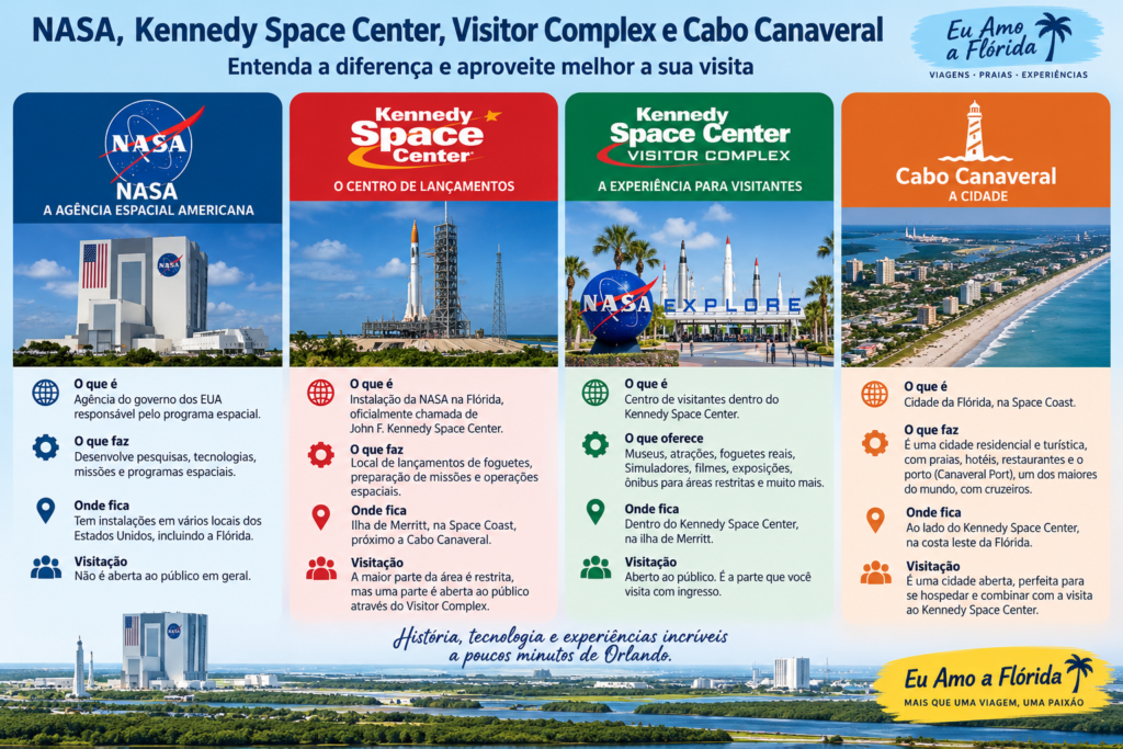 Infográfico explicando as diferenças entre NASA, Kennedy Space Center, Visitor Complex e Cabo Canaveral