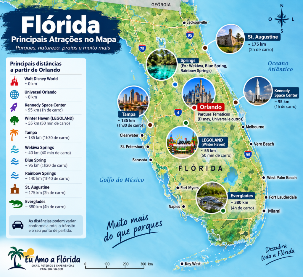 Mapa das principais atrações da Flórida com distâncias a partir de Orlando