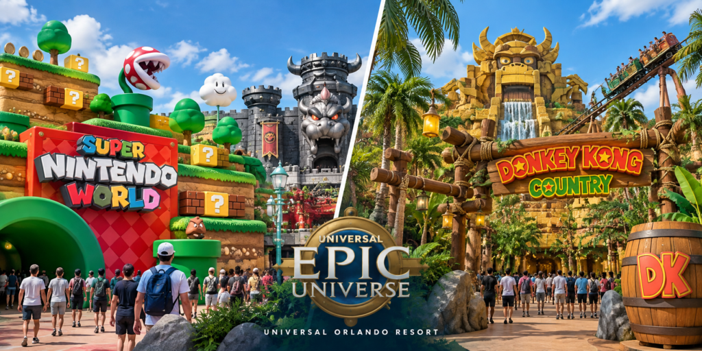 Imagem representando Super Nintendo World e Donkey Kong Country no Epic Universe em Orlando