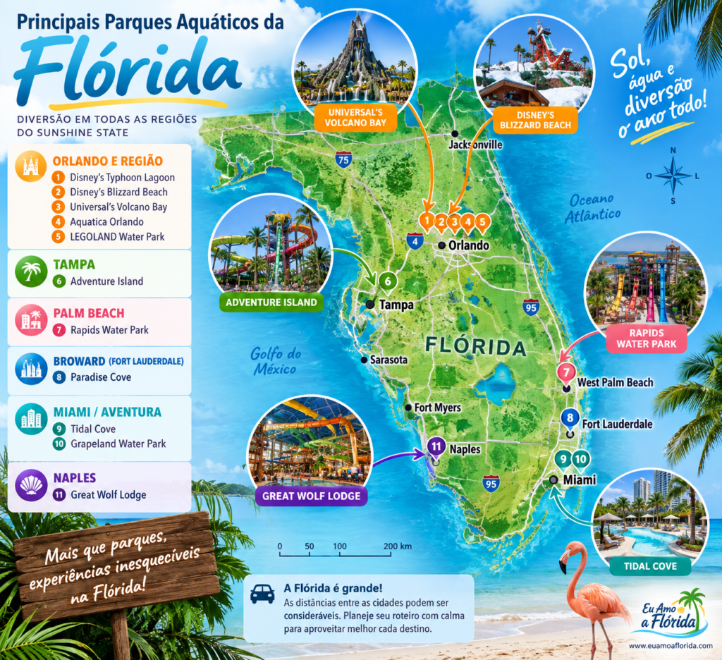 Mapa dos principais parques aquáticos da Flórida em Orlando, Tampa, Palm Beach, Fort Lauderdale, Miami e Naples