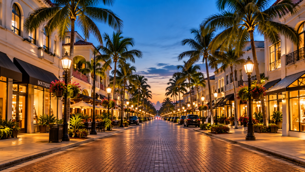 5th Avenue South em Naples na Flórida com palmeiras, lojas e restaurantes