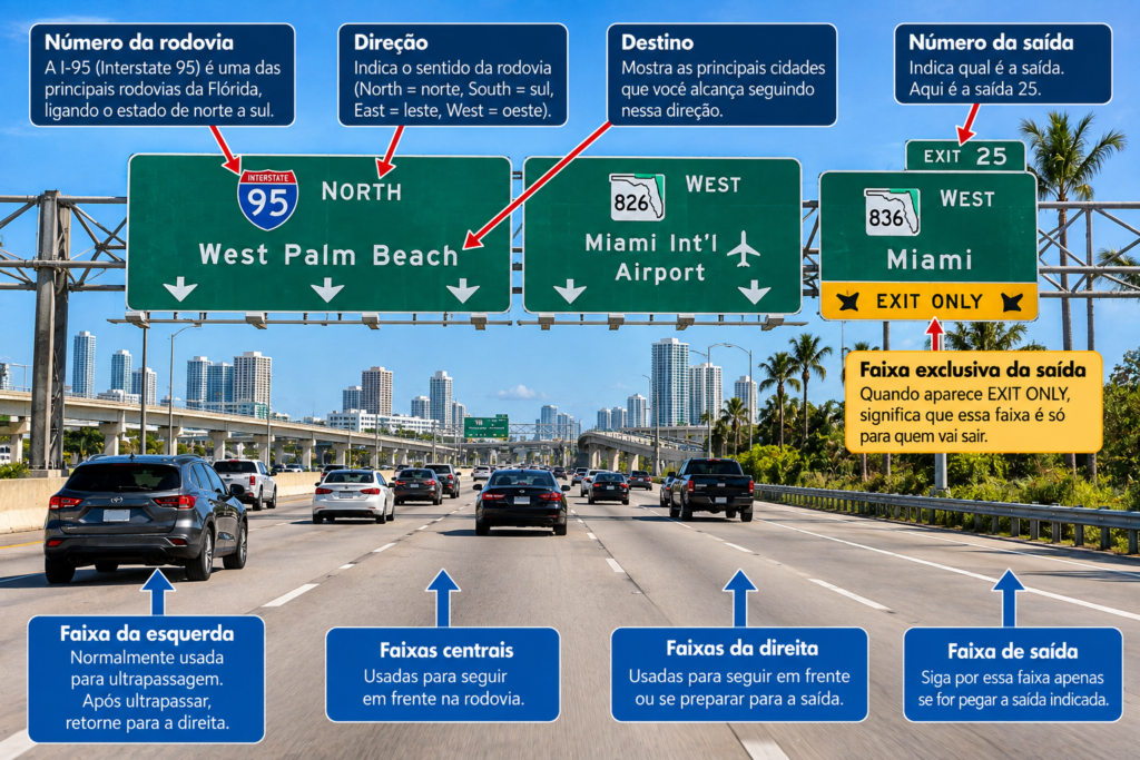 Como entender placas, faixas e saídas nas highways e Interstates da Flórida