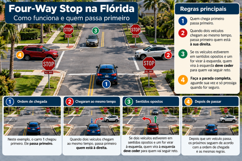 Como funciona um cruzamento Four-Way Stop na Flórida e quem passa primeiro