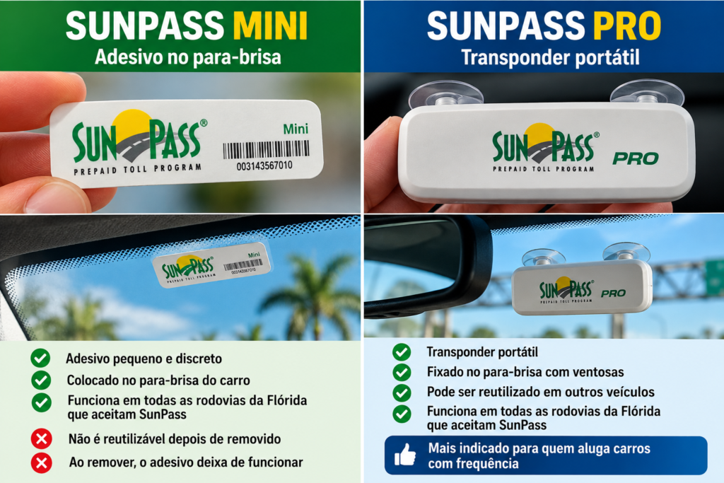 Comparação entre SunPass Mini adesivo e SunPass PRO portátil para pedágios na Flórida