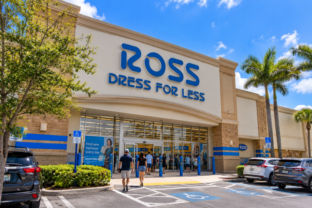 Imagem ilustrativa da fachada de uma loja Ross Dress for Less na Flórida, com entrada principal, estacionamento e clientes chegando para fazer compras.