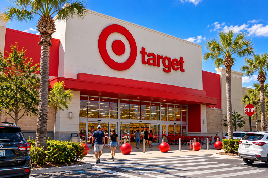 Imagem ilustrativa da fachada de uma loja Target em Orlando, com logotipo vermelho, palmeiras, estacionamento e clientes entrando para fazer compras.