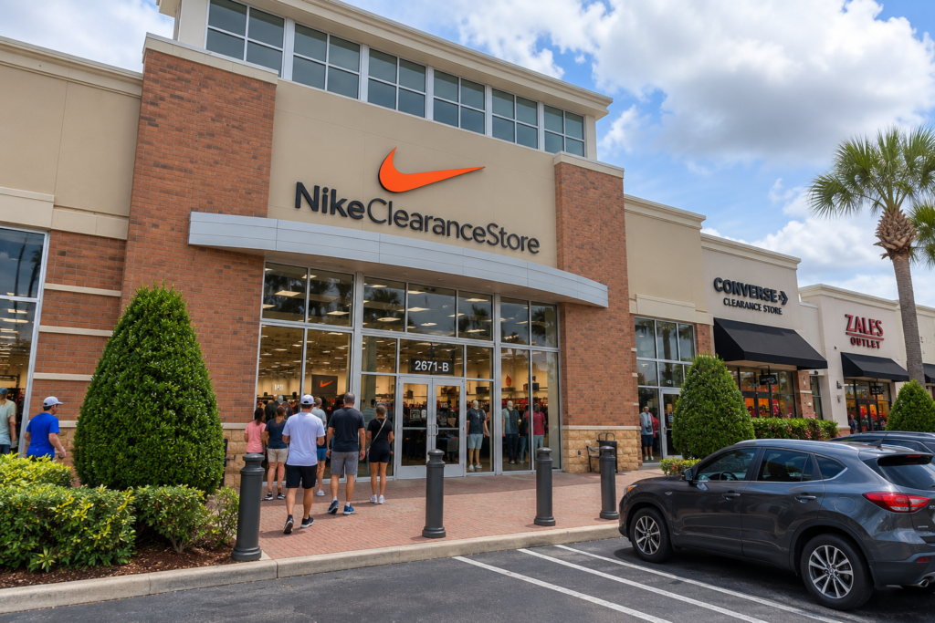 Imagem ilustrativa da Nike Clearance Store no Loop West, em Kissimmee, com fachada de tijolos, entrada da loja e Converse Clearance Store ao lado.