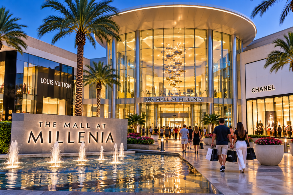 Imagem ilustrativa do Mall at Millenia, em Orlando, com entrada moderna de vidro, fontes iluminadas, palmeiras e lojas de luxo como Louis Vuitton e Chanel.