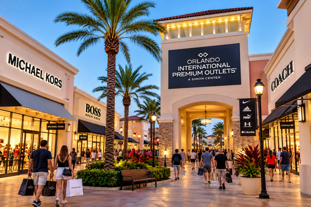 Imagem ilustrativa do Orlando International Premium Outlets, com lojas de marcas famosas, turistas fazendo compras e palmeiras ao longo do centro comercial.