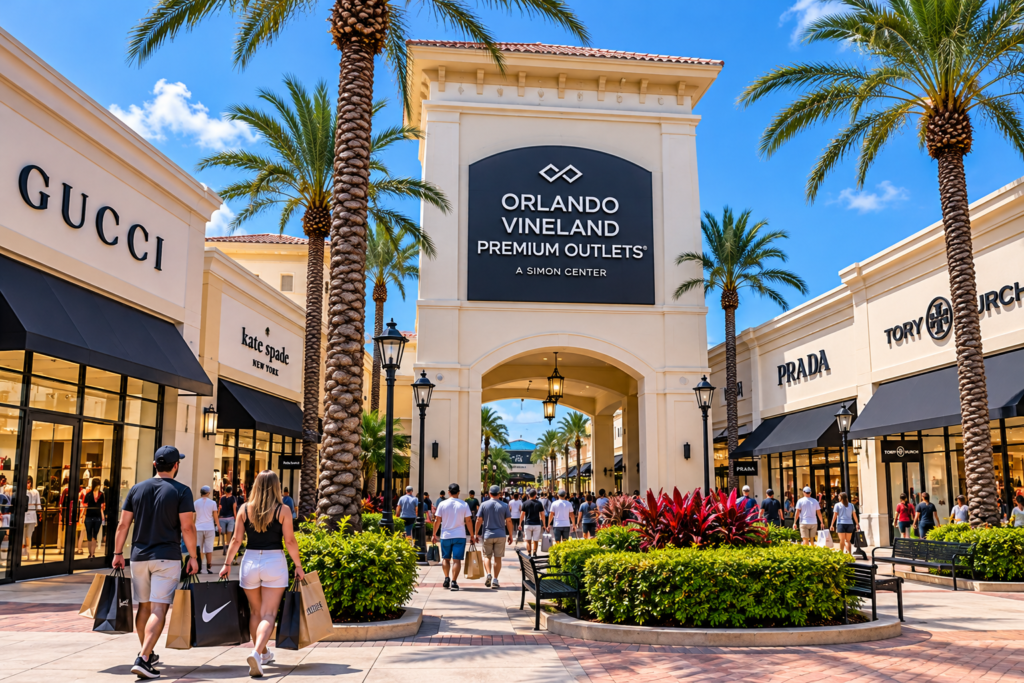 Imagem ilustrativa do Orlando Vineland Premium Outlets, com lojas de marcas internacionais, palmeiras e turistas fazendo compras em um dia ensolarado na Flórida.