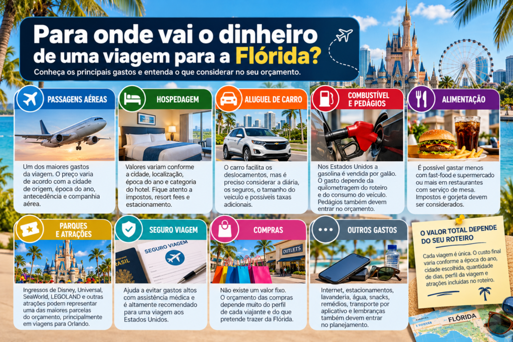 Infográfico com os principais gastos de uma viagem para a Flórida, incluindo passagens, hospedagem, carro, combustível, alimentação, parques, seguro e compras.
