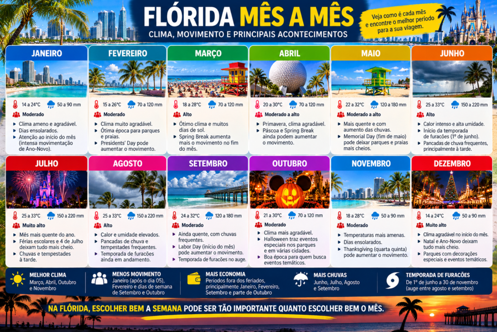 Infográfico da Flórida mês a mês, com clima, chuvas, movimento turístico, feriados e principais acontecimentos de janeiro a dezembro.
