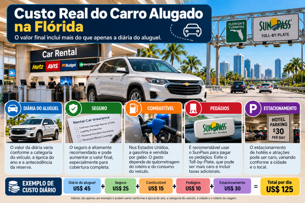 Infográfico mostrando o custo real de um carro alugado na Flórida, incluindo diária, seguro, combustível, pedágios e estacionamento.