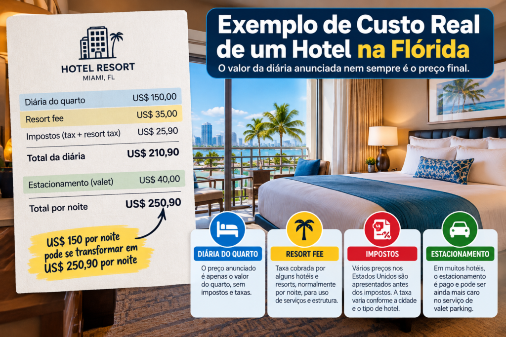 Infográfico mostrando o custo real de um hotel na Flórida com diária, resort fee, impostos e estacionamento.