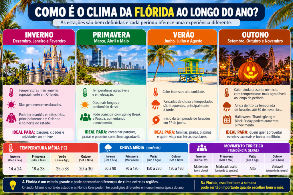 Infográfico sobre o clima da Flórida ao longo do ano, comparando inverno, primavera, verão e outono, temperaturas, chuvas e movimento turístico.
