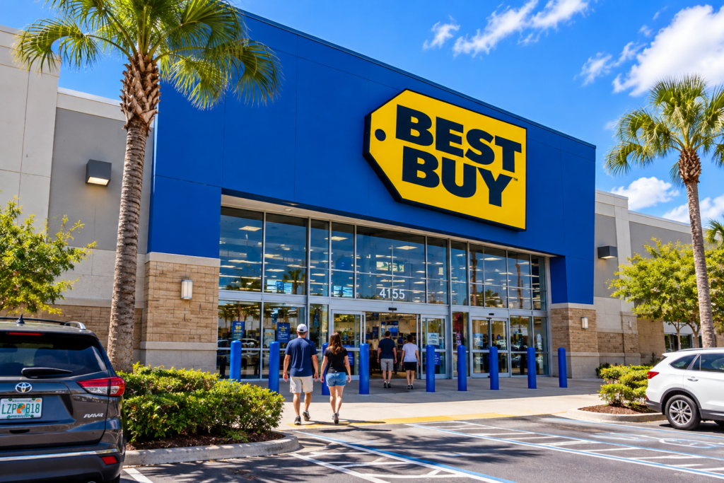 Imagem ilustrativa da fachada de uma loja Best Buy em Orlando, com letreiro azul e amarelo, estacionamento, palmeiras e clientes entrando na loja.