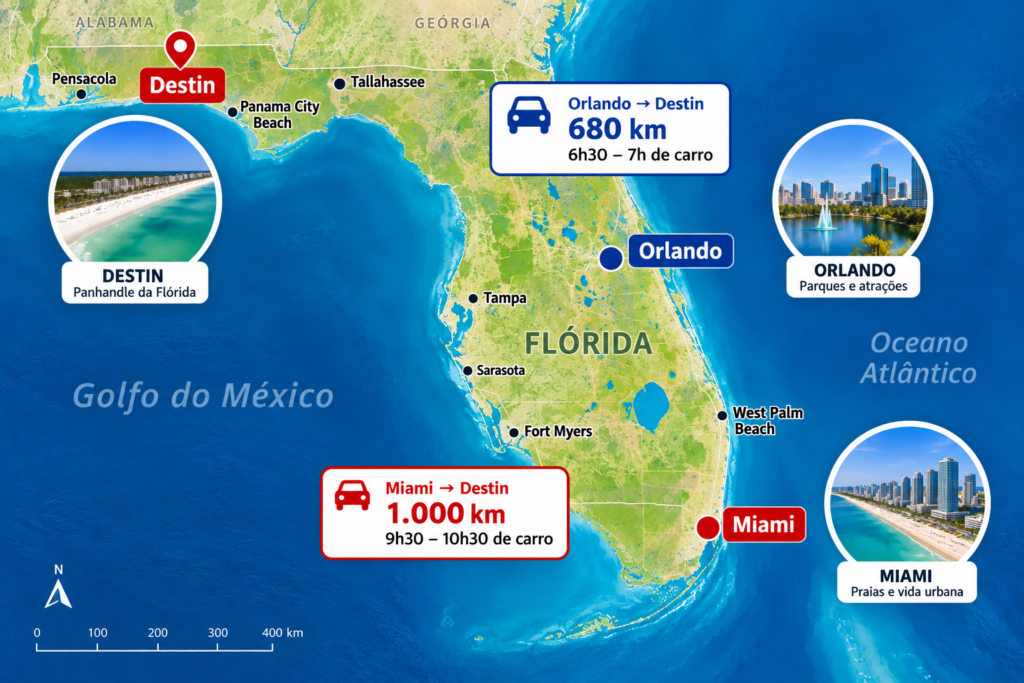 Mapa da Flórida mostrando a localização e as distâncias de Orlando e Miami até Destin