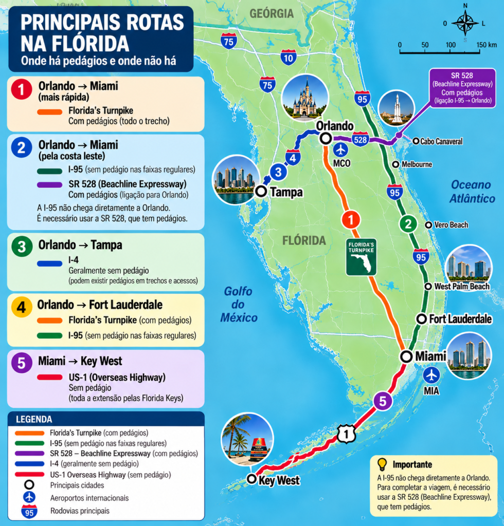 Mapa das principais rotas da Flórida mostrando pedágios na Turnpike, I-95, SR 528, I-4 e US-1