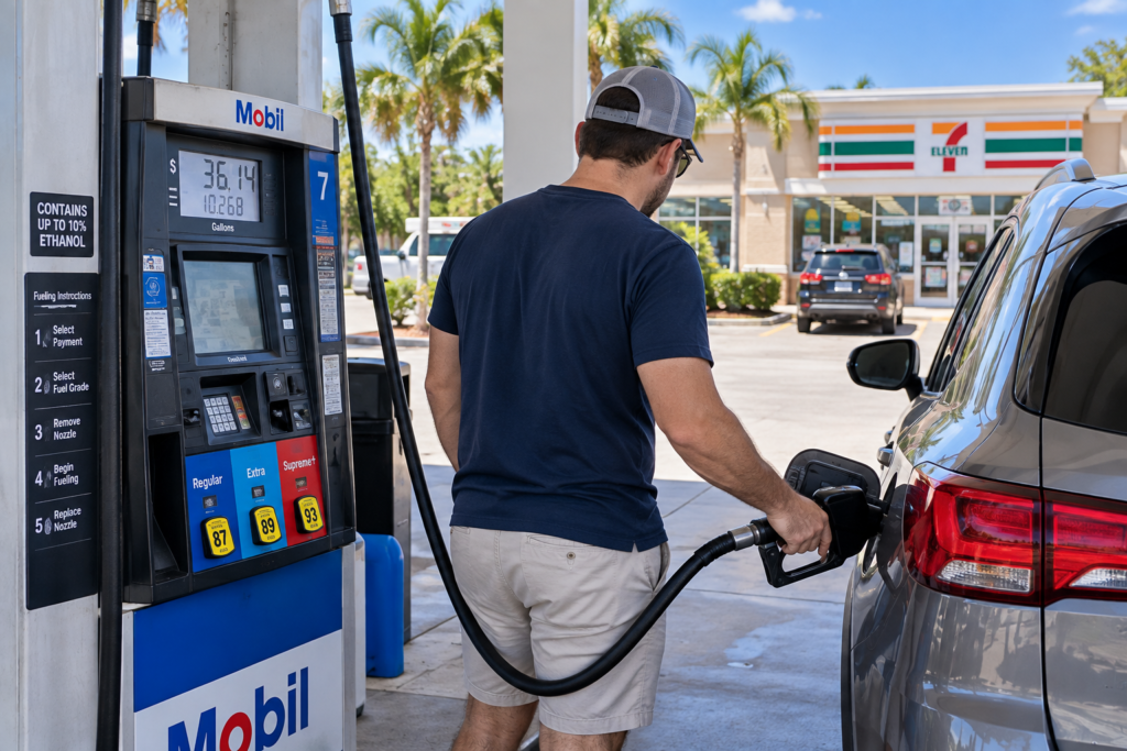 Motorista abastecendo o próprio carro em posto de gasolina nos Estados Unidos