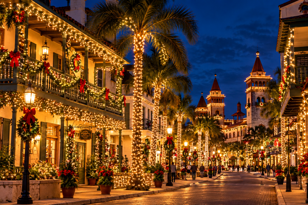 Nights of Lights em St. Augustine na Flórida com ruas e palmeiras iluminadas