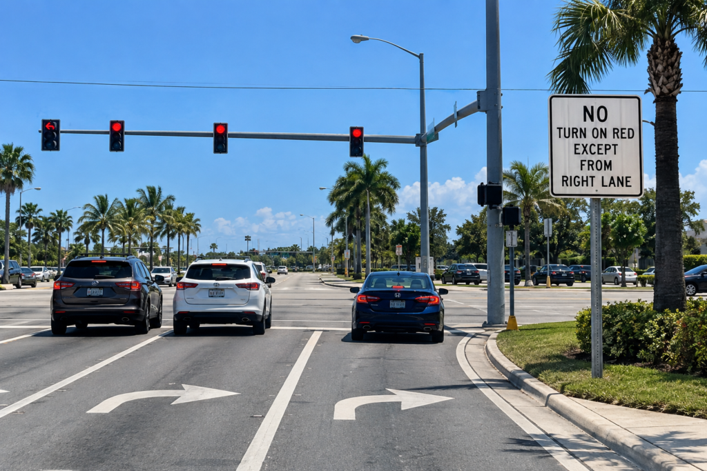 Placa “No Turn on Red Except From Right Lane” em cruzamento na Flórida, indicando que a conversão à direita no sinal vermelho só é permitida pela faixa da direita.